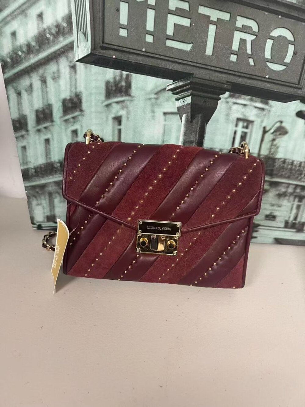 MK Rose Medium Flap Bag 35F1GXOL2U Burgundy Suede Leather Stud Chain Crossbody